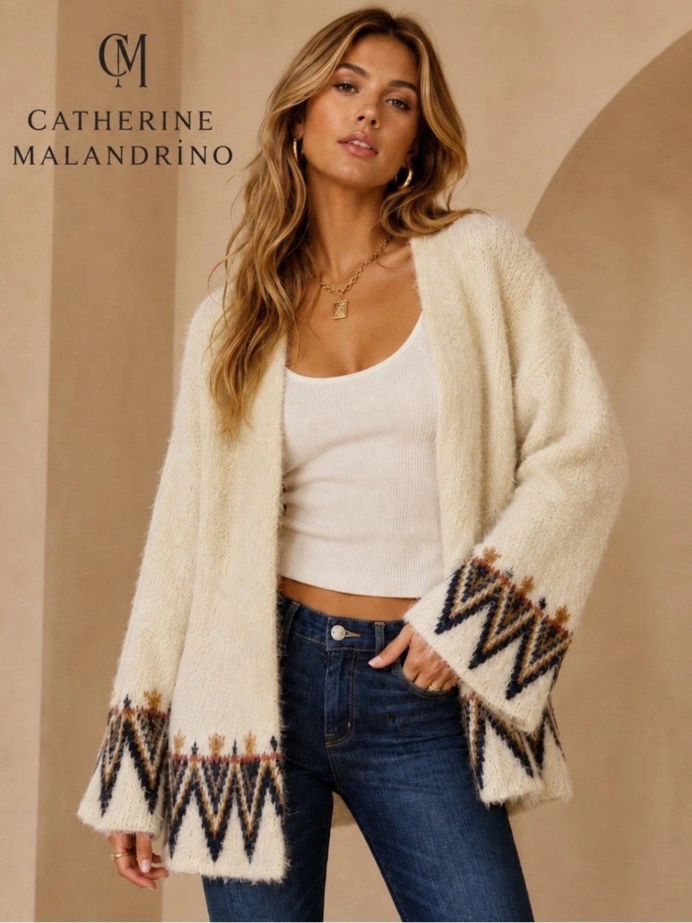 Catherine Malandrino Fuzzy Knit Cardigan Sweater Sz XS Cowgirl Chic Boho Aztec